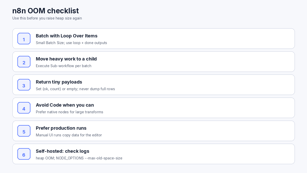Short checklist for Loop, sub-workflow, tiny returns, and heap settings